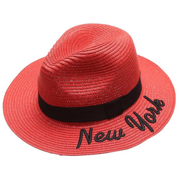 NewYork Embroidered Summer Straw Beach Hat - Red - Picture 2 of 6
